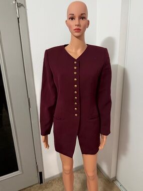 Vintage Valerie Stevens Blazer Dress Burgundy Gold Buttons Size 8